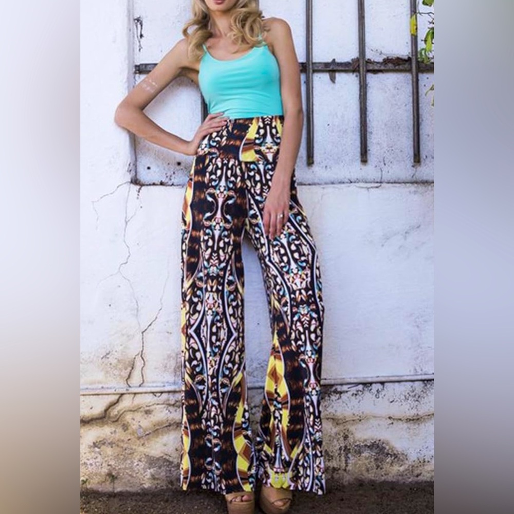 Hippy Damask Print Wide Leg Palazzo Pants